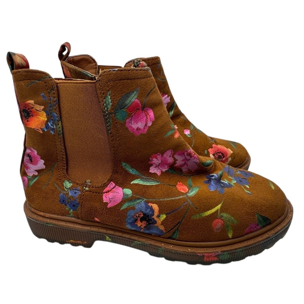 Steve Madden Girl Crystl Floral Suede Chelsea Ankle Boots Brown side Zip 5